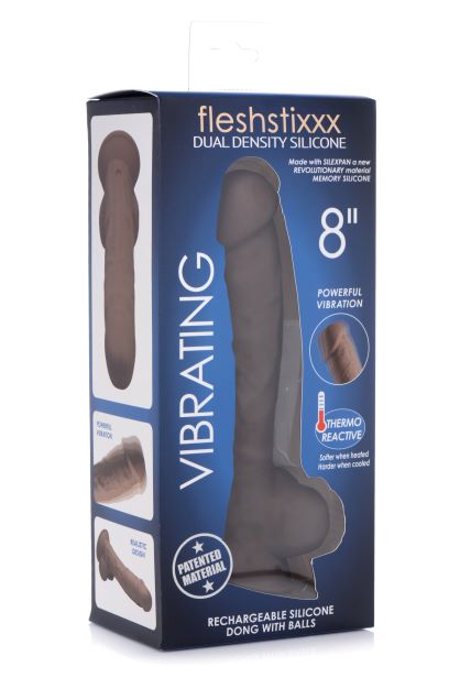 Fleshstixxx 8 Inch Vibrating Dildo With Balls Dark in packaging showcasing powerful vibration features.