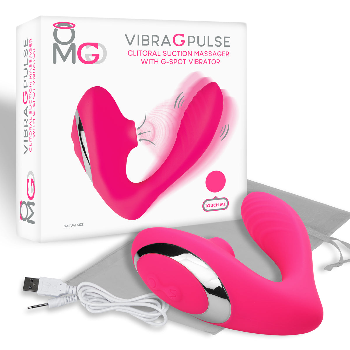 OMG Vibra G Pulse Clitoral Suction G-Spot Vibrator Pink, showcasing dual-action stimulation. Features suction and vibration functions.