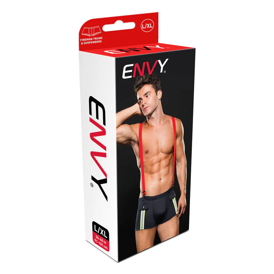 Envy Fireman Bottom With Suspenders L/XL Navy Blue Red packaging showcasing fitted trunks with red suspenders.