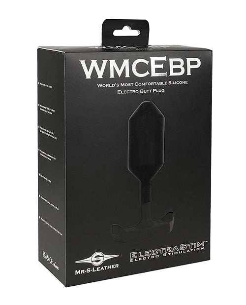 Electrastim Silicone Electro Butt Plug Black packaging showcasing innovative design and electro-conductive technology.