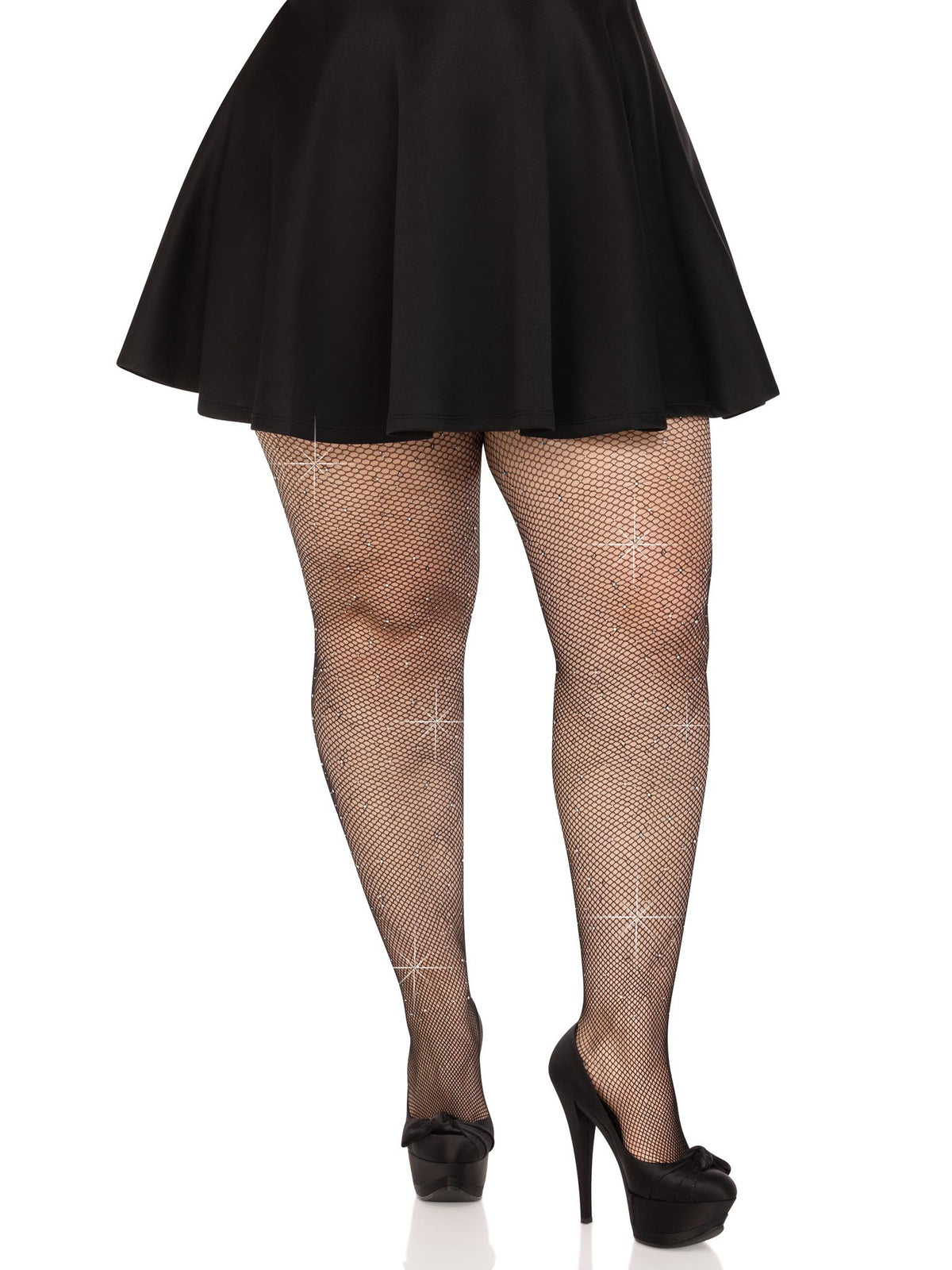 Leg Avenue Colby Rhinestone Fishnet Tights 1X/2X Black worn with a black skirt and heels, showcasing stylish fishnet design.