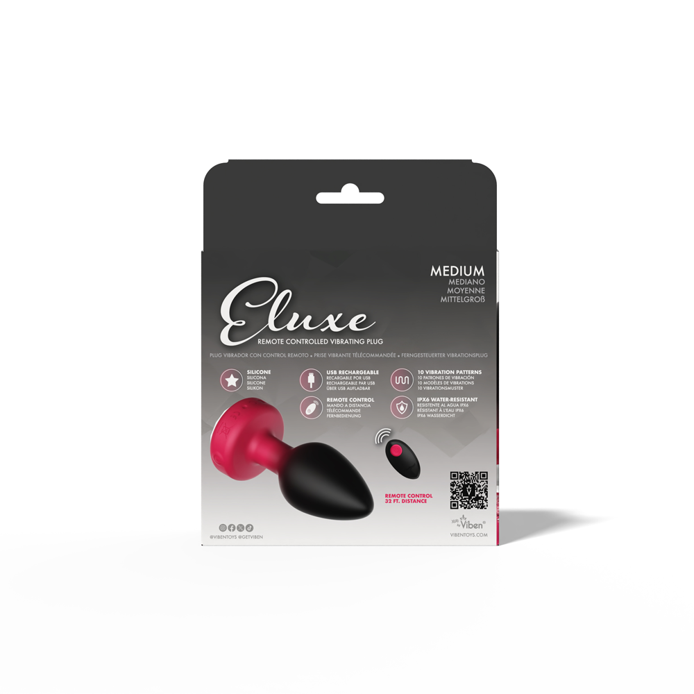Eluxe Vibrating Ruby Ombre Anal Plug Medium Remote packaging showing features like silicone, remote control, and 10 vibration functions.