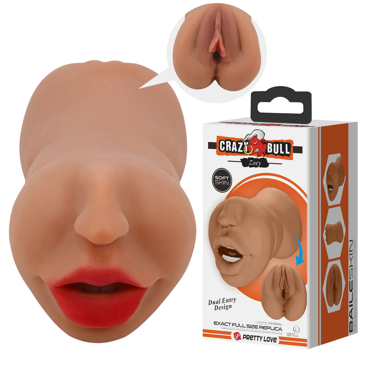 Pretty Love Zoey Mouth Masturbator Sleeve Brown with lifelike details and dual entry design in soft skin material.