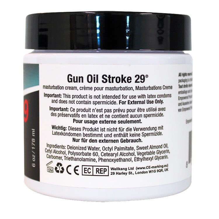 Gun Oil Stroke 29 Jar Masturbation Cream 6 Oz product packaging with ingredient details and usage instructions.
