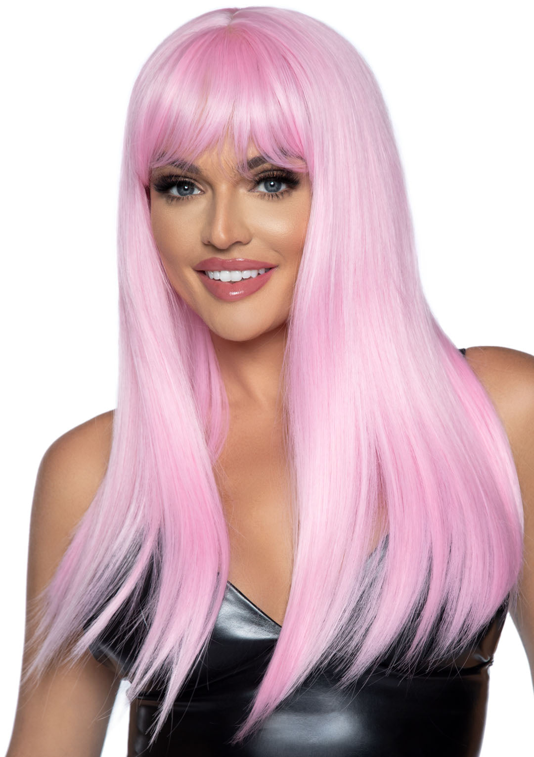 Leg Avenue 24 Inch Long Straight Bang Wig Pink showcasing silky pink hair and soft bangs for a stylish look.