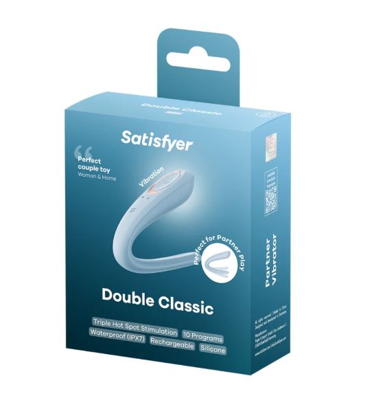 Satisfyer Double Classic Couples Vibrator Blue packaging showcasing its features and design