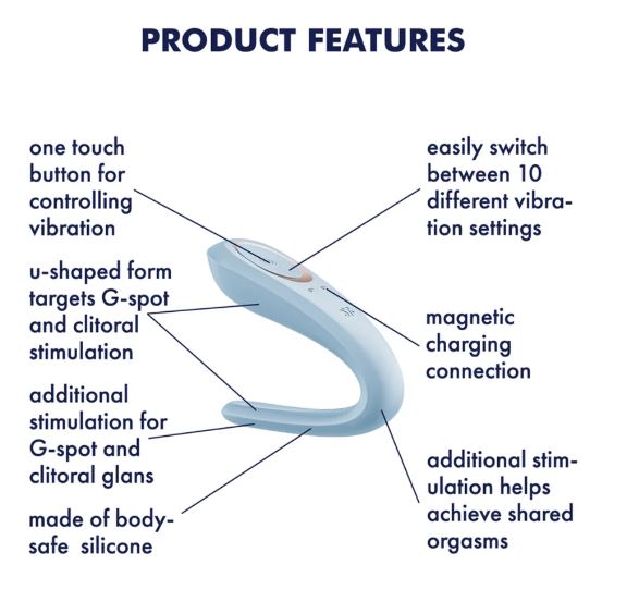 Product features of Satisfyer Double Classic Couples Vibrator Blue, showcasing G-spot stimulation and 10 vibration settings.