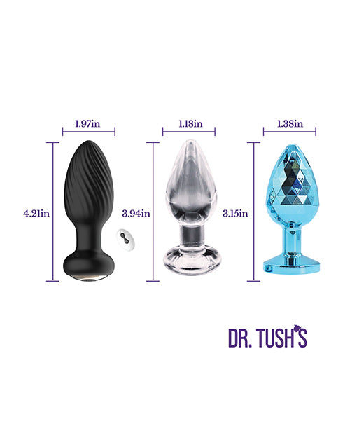 Dr Tush's Venture Collection Medium Anal Plug Set showcasing three distinct plugs in varying sizes and designs.