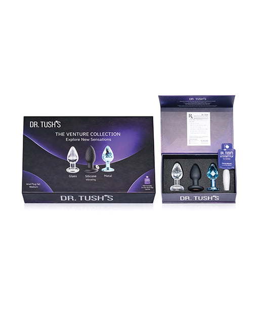 Dr Tush's Venture Collection Medium Anal Plug Set three-piece kit with glass, silicone, and metal plugs.