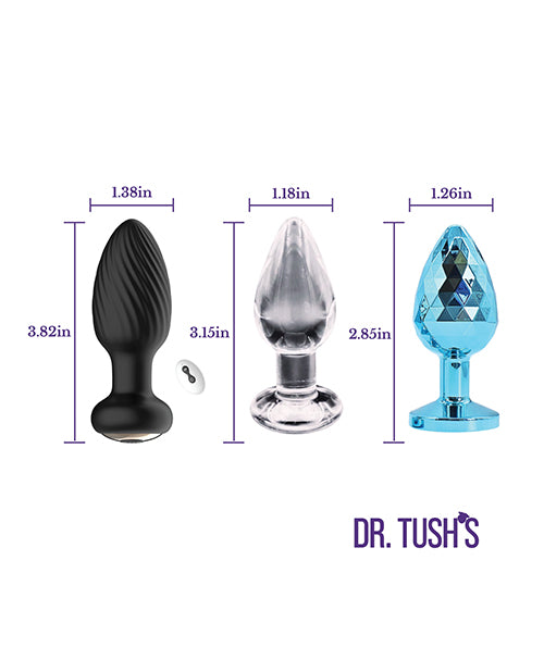 Dr Tush's Venture Collection Anal Plug Set Small featuring three plugs in varying sizes and textures.