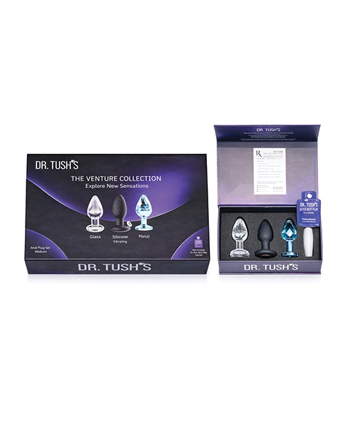 Dr Tush's Venture Collection Anal Plug Set Small packaging with three plugs for exploring sensations.