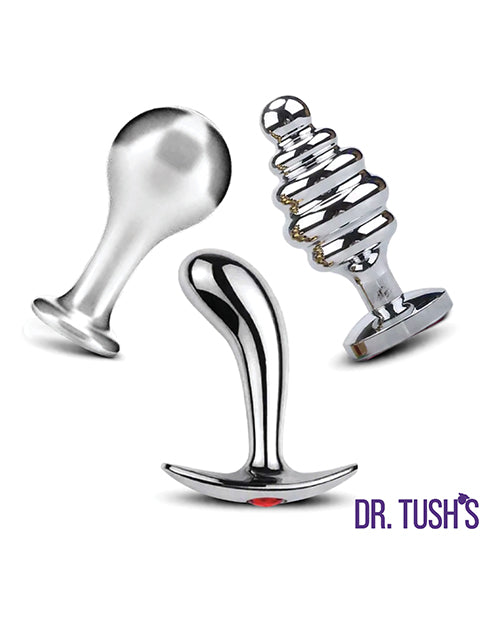 Dr Tush's Tools of Temptation Small Anal Plug Set Metal featuring three unique metal plugs.
