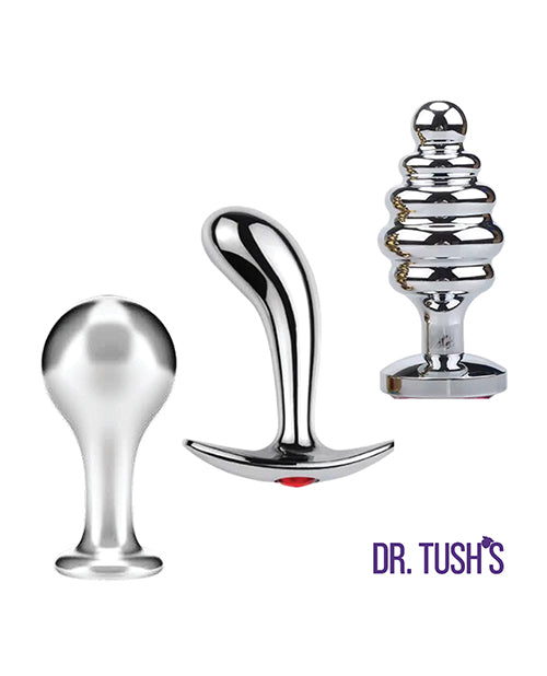 Dr Tush's Tools of Temptation Small Anal Plug Set Metal featuring polished metal plugs for versatile stimulation.
