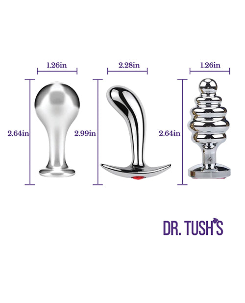 Dr Tush's Tools of Temptation Small Anal Plug Set Metal trio of shiny metal plugs with dimensions.