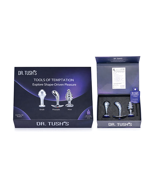 Dr Tush's Tools of Temptation Small Anal Plug Set Metal in elegant packaging showcasing three distinct plugs.