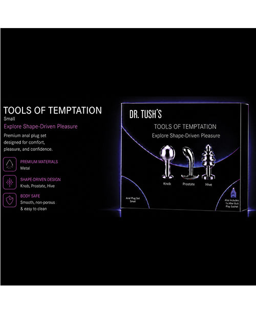 Dr Tush's Tools of Temptation Small Anal Plug Set Metal packaging with three distinct plugs and features.