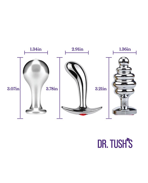 Dr Tush's Tools of Temptation Medium Anal Plug Set Metal dimensions and styles on display.