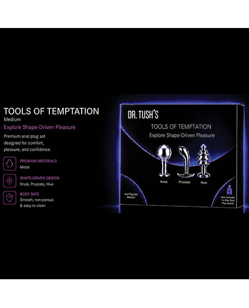 Dr Tush's Tools of Temptation Medium Anal Plug Set Metal showcasing polished metal plugs for unique sensations.