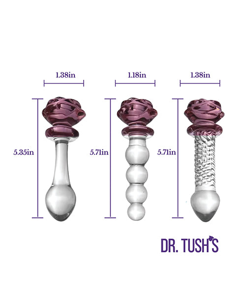 Dr Tush's Sacred Glass Rose Collection Anal Plug Set featuring three unique hand-blown glass anal plugs.
