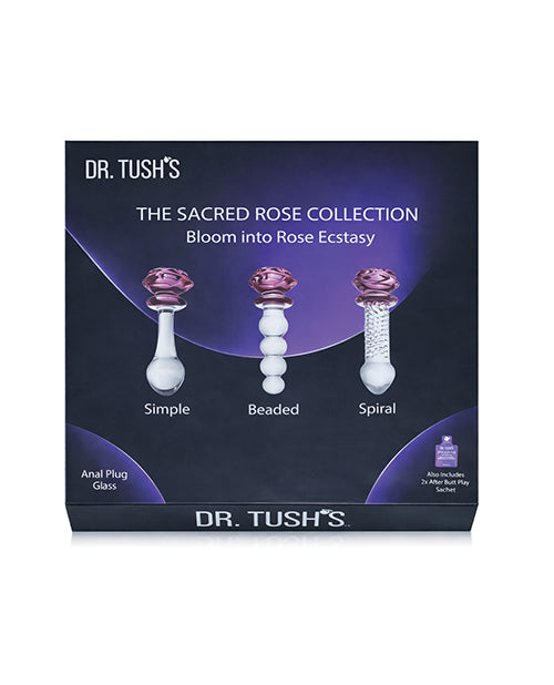 Dr Tush's Sacred Glass Rose Collection Anal Plug Set showcasing three unique glass anal plugs: Simple, Beaded, and Spiral.