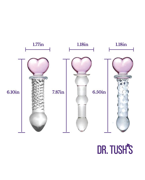 Dr Tush's Hearts of Pleasure Glass Anal Plug Set features three heart-shaped glass plugs with measurements.