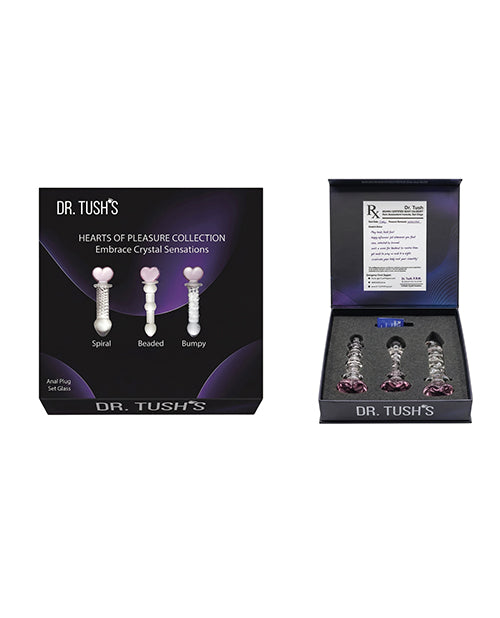 Dr Tush's Hearts of Pleasure Glass Anal Plug Set featuring spiral, beaded, and bumpy designs in elegant packaging.