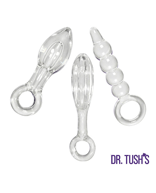 Dr Tush's Halo of Pleasure Collection Anal Plug Set Glass with three distinct glass plugs for exploration.