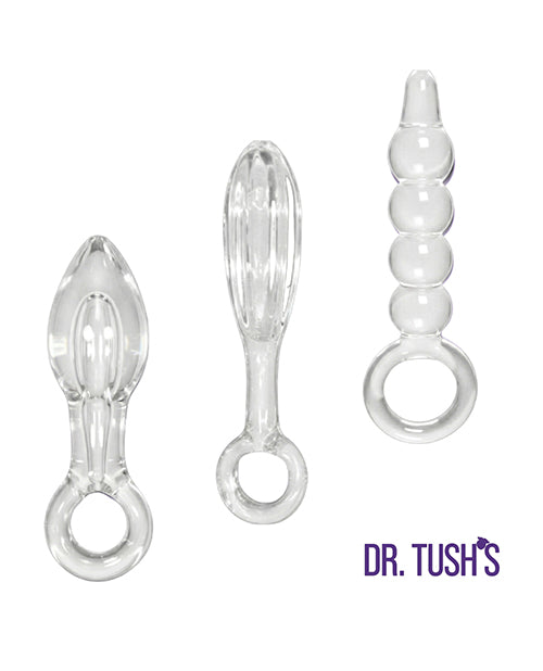 Dr Tush's Halo of Pleasure Collection Anal Plug Set Glass featuring three unique glass plugs.