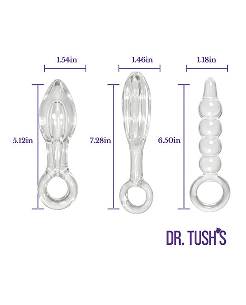 Dr Tush's Halo of Pleasure Collection Anal Plug Set Glass includes three distinct glass plugs with various sizes.