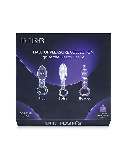 Dr Tush's Halo of Pleasure Collection Anal Plug Set Glass featuring plug, spiral, and beaded designs.