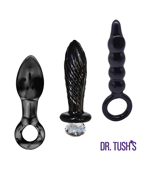 Dr Tush's Dark Curiosity Collection Anal Plug Set Glass featuring three sleek black borosilicate glass plugs.