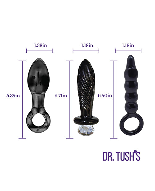 Dr Tush's Dark Curiosity Collection Anal Plug Set Glass dimensions: three black glass plugs, 5.35in, 5.71in, 6.50in.