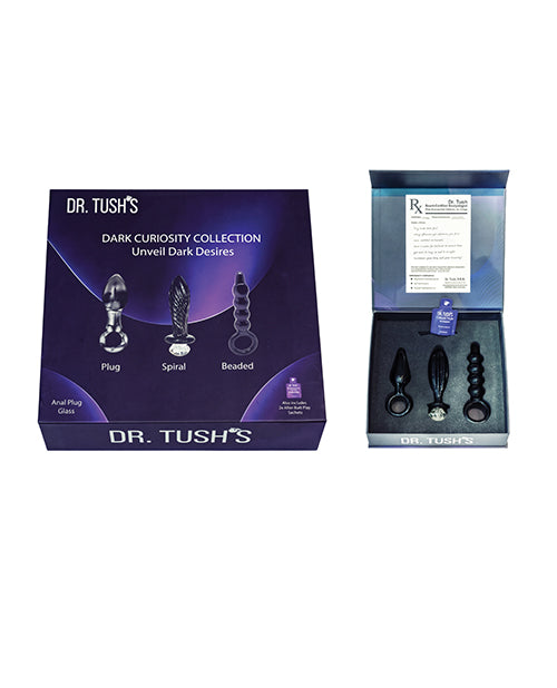 Dr Tush's Dark Curiosity Collection Anal Plug Set Glass in elegant packaging showcasing three unique glass plugs.