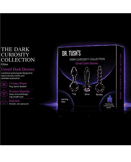 Dr Tush's Dark Curiosity Collection Anal Plug Set Glass with three unique shapes for elegant and adventurous exploration.