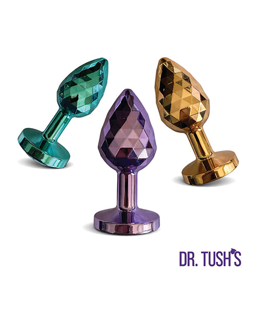 Dr Tush's Dragon Pearls Collection Anal Plug Set Metal featuring three jewel-toned, faceted plugs.