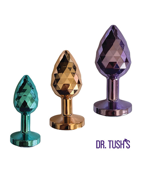 Dr Tush's Dragon Pearls Collection Anal Plug Set Metal featuring three jewel-toned faceted plugs.