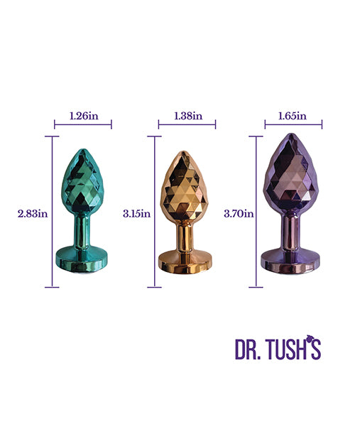 Dr Tush's Dragon Pearls Collection Anal Plug Set Metal showing three graduated metal plugs with measurements.