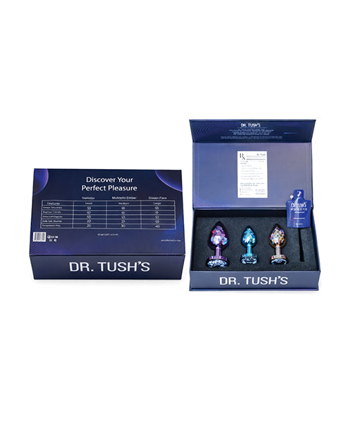 Dr Tush's Dragon Pearls Collection Anal Plug Set Metal opened box showcasing three jewel-toned anal plugs.