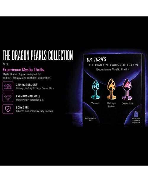 Dr Tush's Dragon Pearls Collection Anal Plug Set Metal featuring 3 unique jewel-toned designs for exploration.