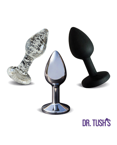 Dr Tush's First Step Anal Plug Set Glass Metal Silicone trio of plugs featuring glass, metal, and silicone.