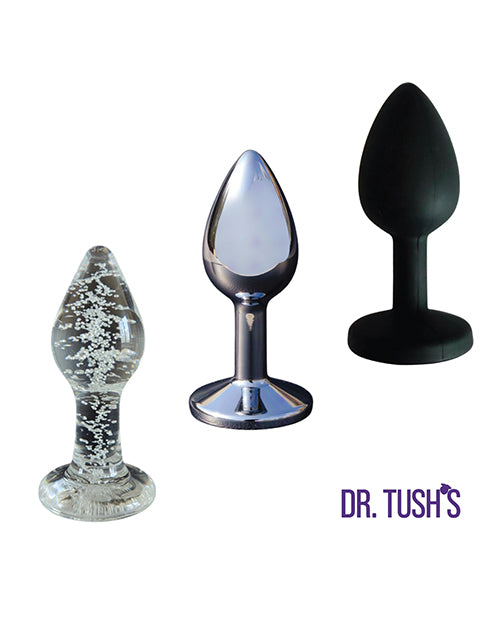 Dr Tush's First Step Anal Plug Set Glass Metal Silicone includes three unique plugs for safe anal play.