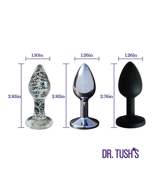 Dr Tush's First Step Anal Plug Set Glass Metal Silicone with measurements, showcasing three textures for beginners.
