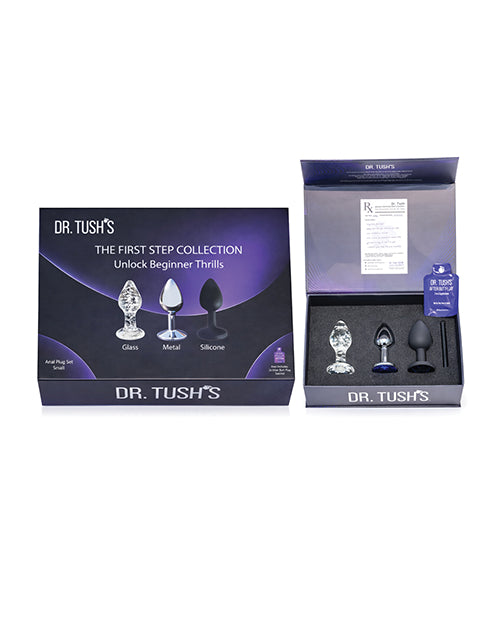 Dr Tush's First Step Anal Plug Set Glass Metal Silicone product packaging with three anal plugs.