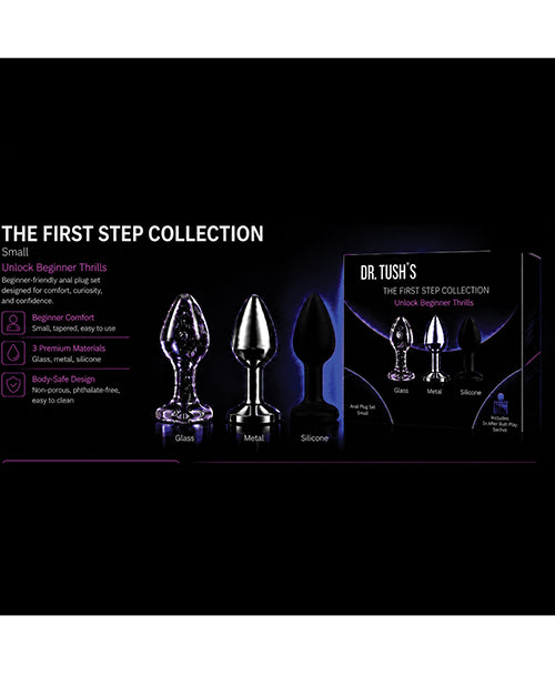Dr Tush's First Step Anal Plug Set Glass Metal Silicone with three beginner-friendly anal plugs in a gift box.
