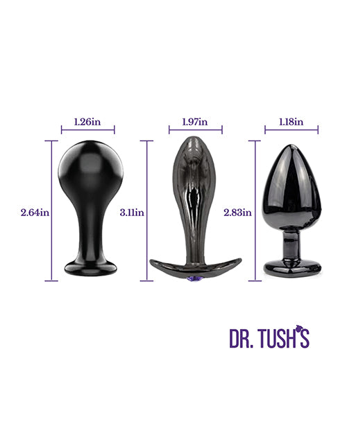 Dr Tush's Bad Decisions Collection Anal Plug Set Metal featuring three uniquely shaped plugs.