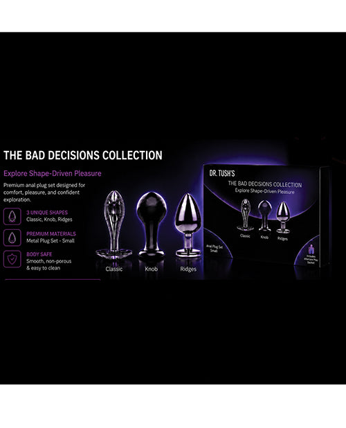 Dr Tush's Bad Decisions Collection Anal Plug Set Metal featuring three unique shapes for enhanced pleasure.