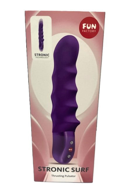 Fun Factory Stronic Surf Thrusting Pulsator Dark Violet in packaging, showcasing its ergonomic design and thrusting technology.
