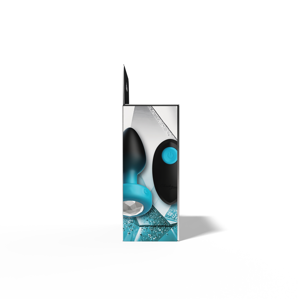 Eluxe Vibrating Clear Gem Blue Ombre Plug Small With Remote packaging showcasing its jeweled design and included remote.