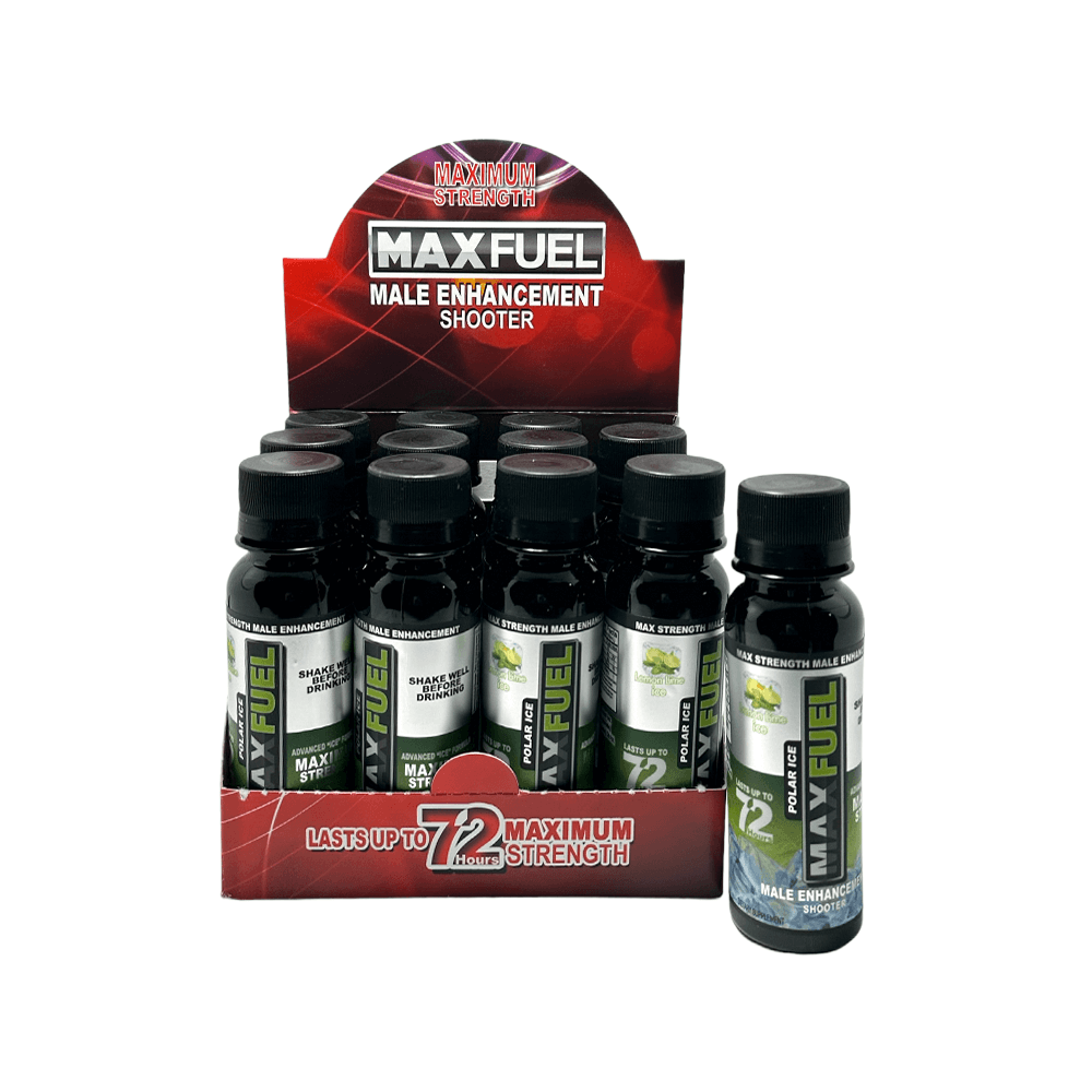 MaxFuel Polar Ice Male Enhancement Shooter display with Lemon Lime Ice flavor, 12 x 3 fl oz bottles for improved performance.