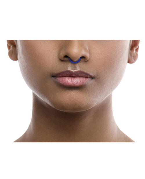 Rave Ring NRG Single Sachet Energy Scent Blue worn on septum of a model for music festival and rave scene.